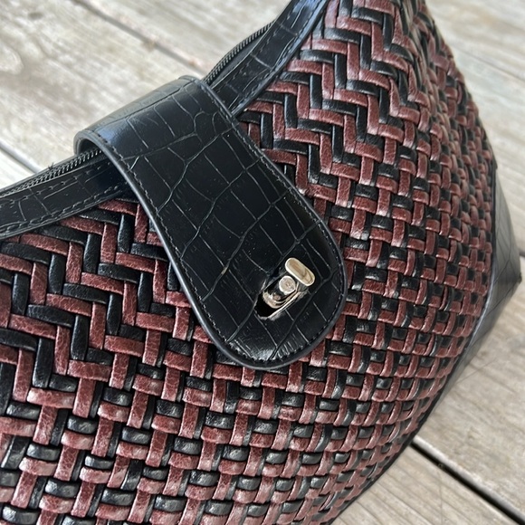 Coldwater Creek Black Brown Woven Hobo Shoulder Bag Faux Croc Trim - Picture 5 of 10